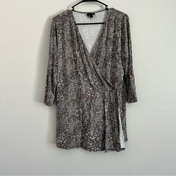 J.Jill Women’s Brown Micro Pattern Quarter Sleeve Faux Wrap Top Large - Picture 1 of 7